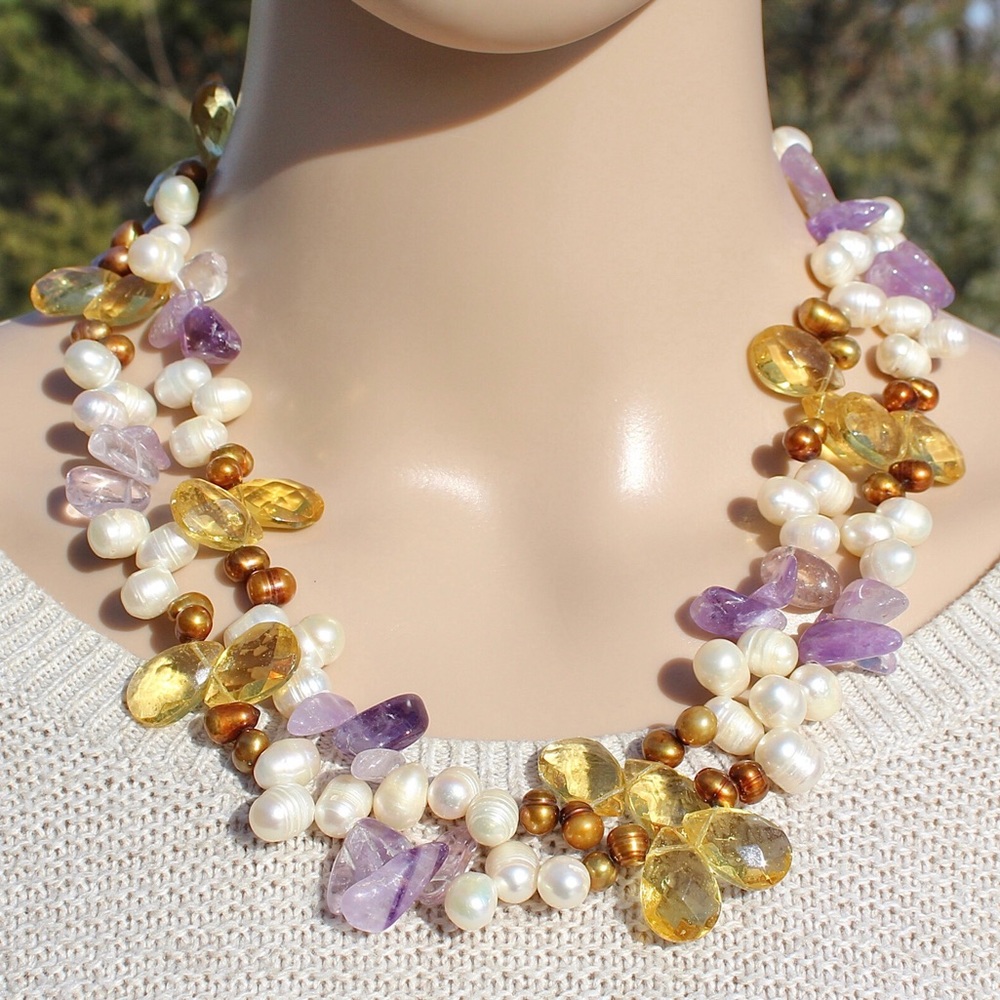 Genuine Pearl, Amethyst and Yellow Glass Crystal Beaded Necklace Double Strand